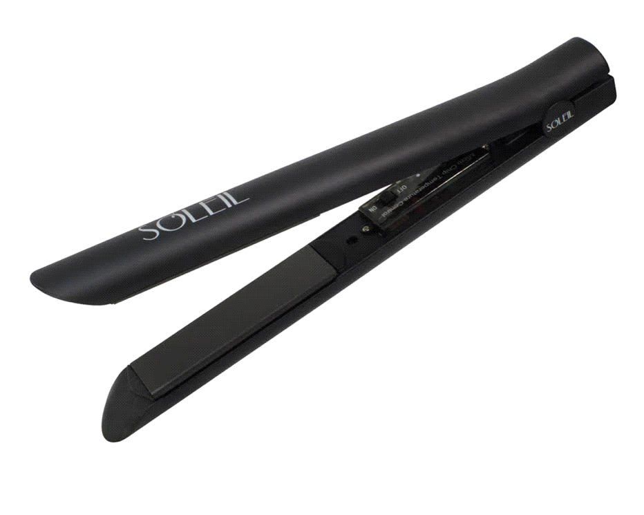 A black hair straightener with the word soleil on it