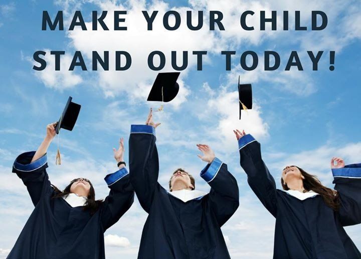 A group of graduates throwing their caps in the air with the words make your child stand out today