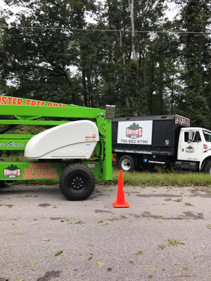 Green lift and white truck with tree service logo parked on road, orange cone in foreground.