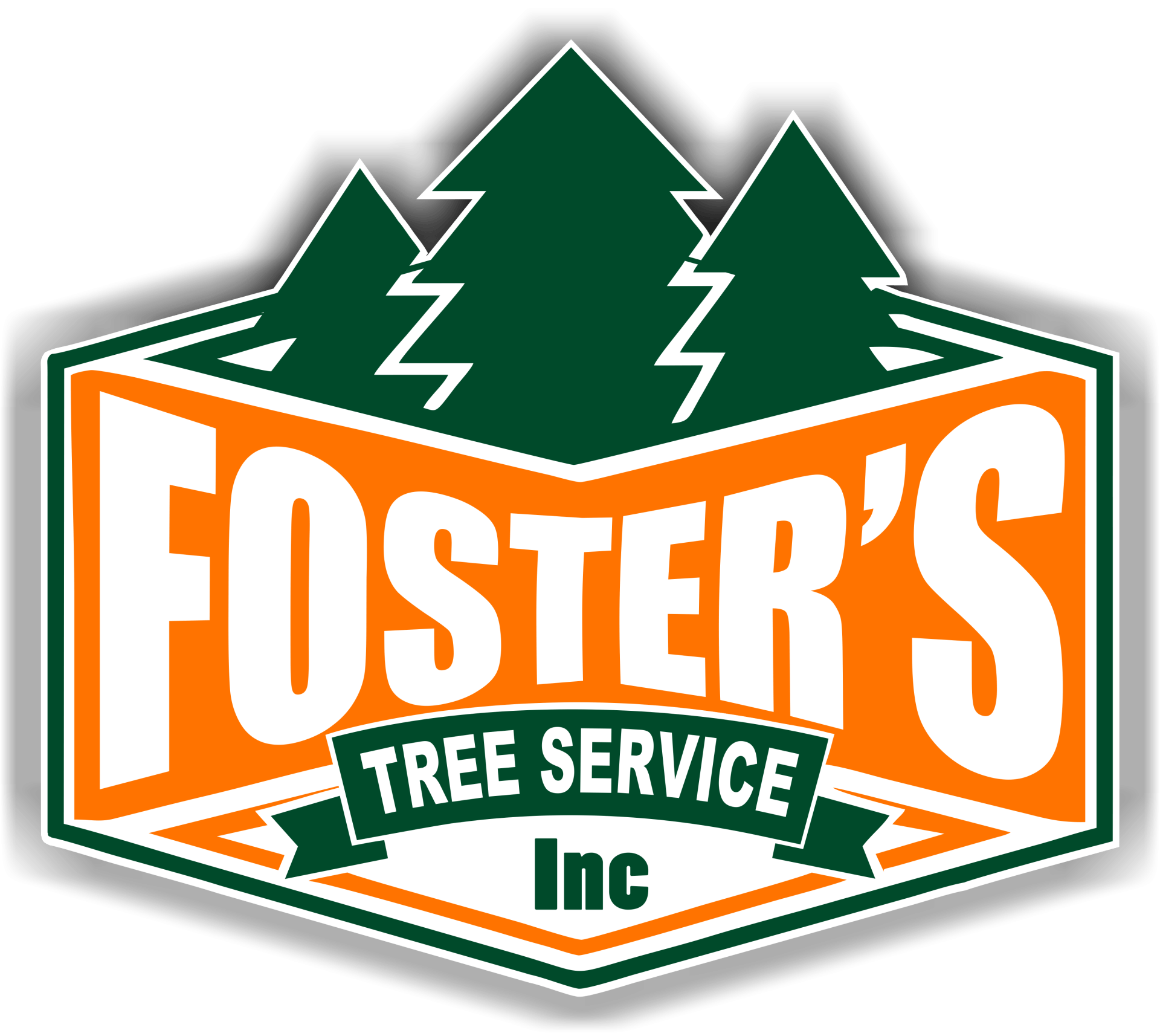 Foster's Tree Service logo: Orange and green emblem with trees, company name, and