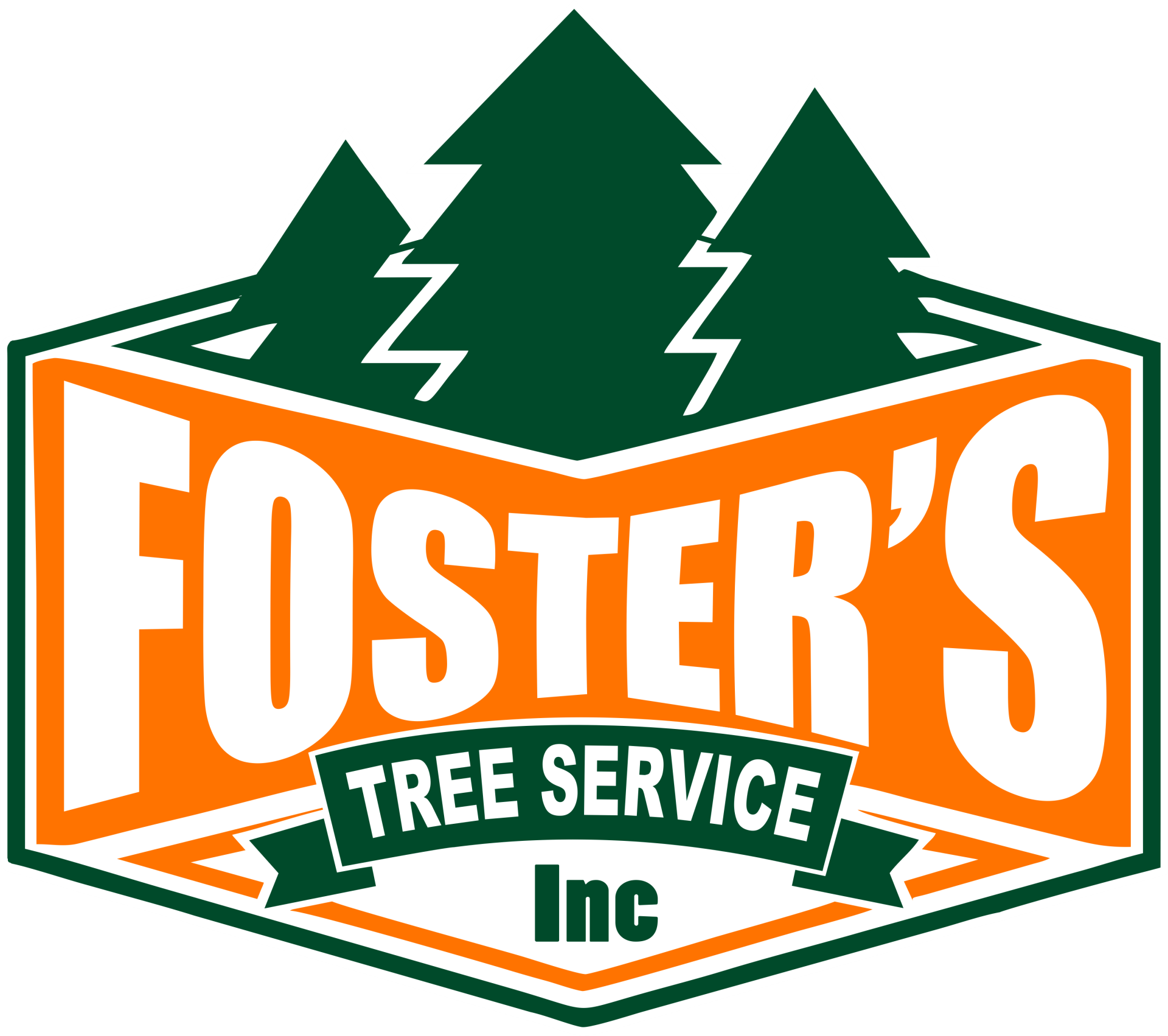 Logo for Foster's Tree Service: Orange and green with pine trees, and company name.