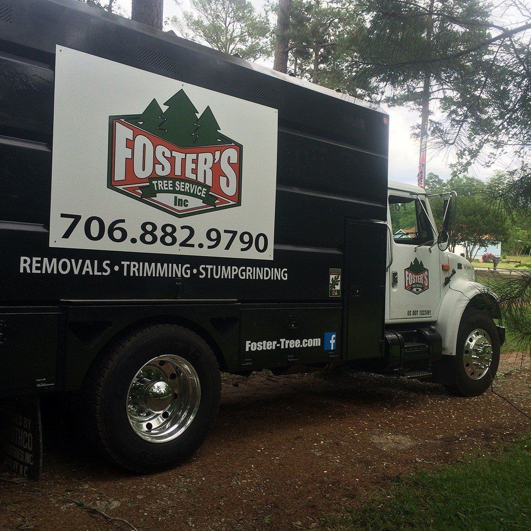 Black and white Foster's Tree Service truck with company logo, phone number, and services listed.
