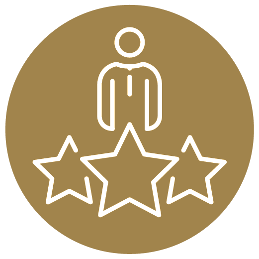 Person icon above three stars, all white on a gold circle.