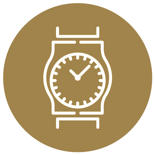 White outline of a wristwatch on a brown circle background.