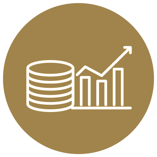 A stack of coins with a graph indicating financial growth, on a gold circle.