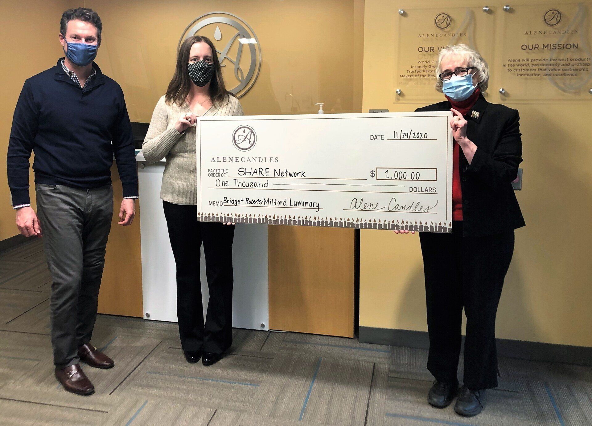A man and two women wearing masks are holding a large check.