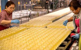 Two women are working on a conveyor belt in a factory.