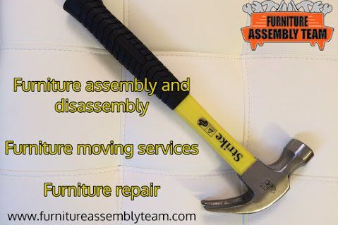Furniture Assembly Team ad with hammer and text about assembly, moving, and repair services