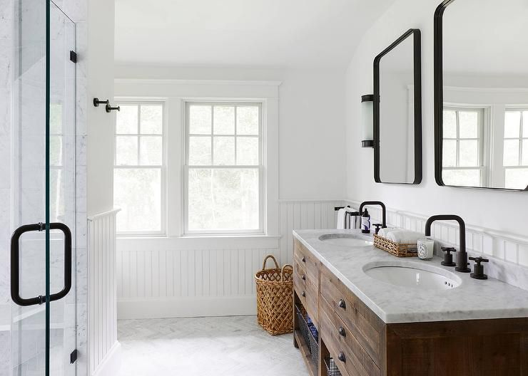 Shabby Chic Dallas bathroom remodel A bathroom with two sinks and two mirrors.