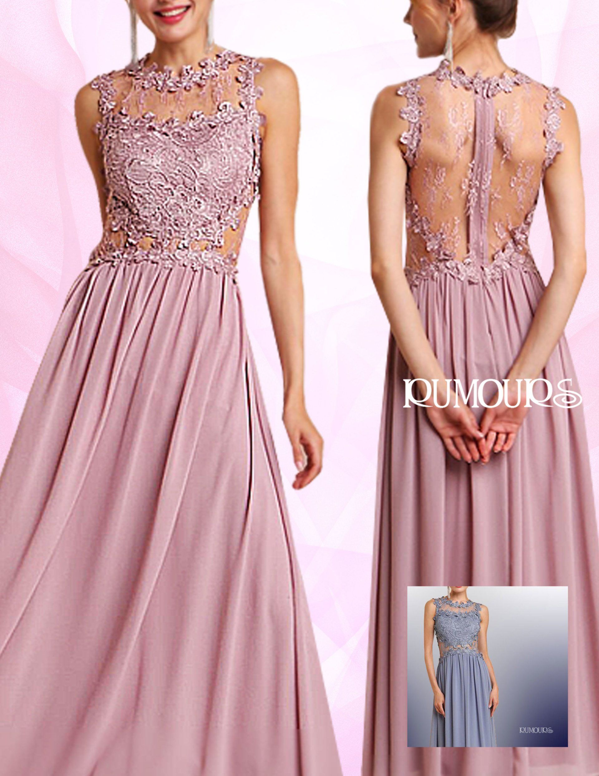 Formal pink gown with embroidered bodice, open back, and floor-length skirt.