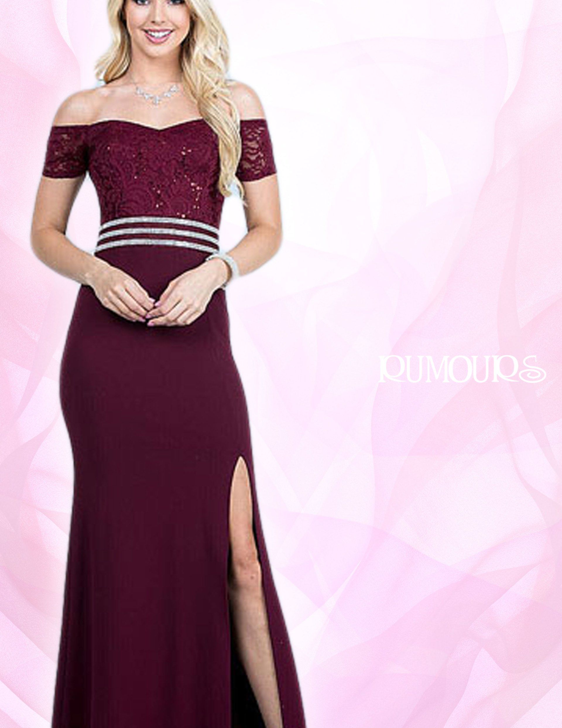 Woman wearing a burgundy off-the-shoulder gown with a thigh-high slit and sequined belt.