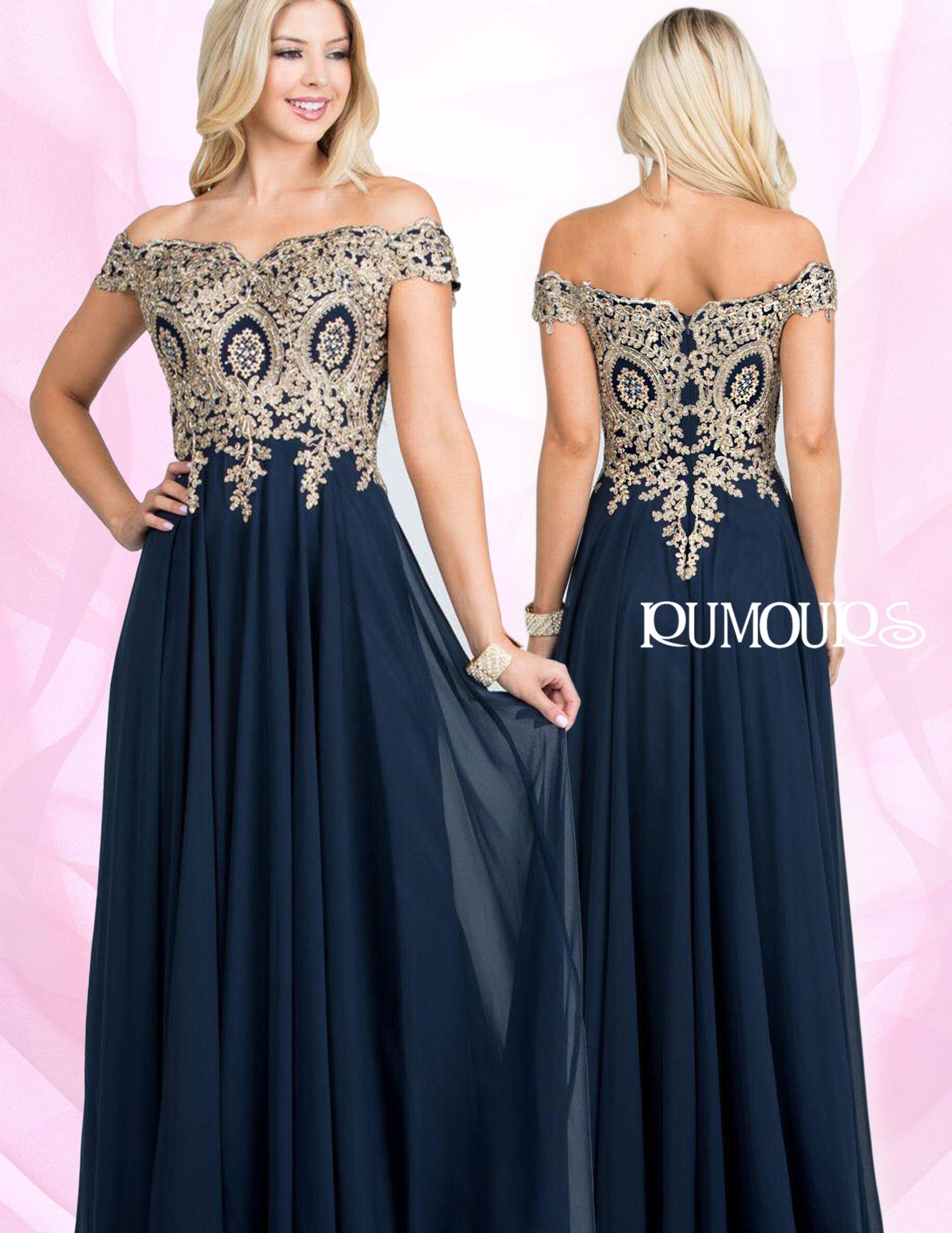 Navy blue off-the-shoulder gown with gold embroidery. Woman in front view, also back view, both poses wearing the dress.