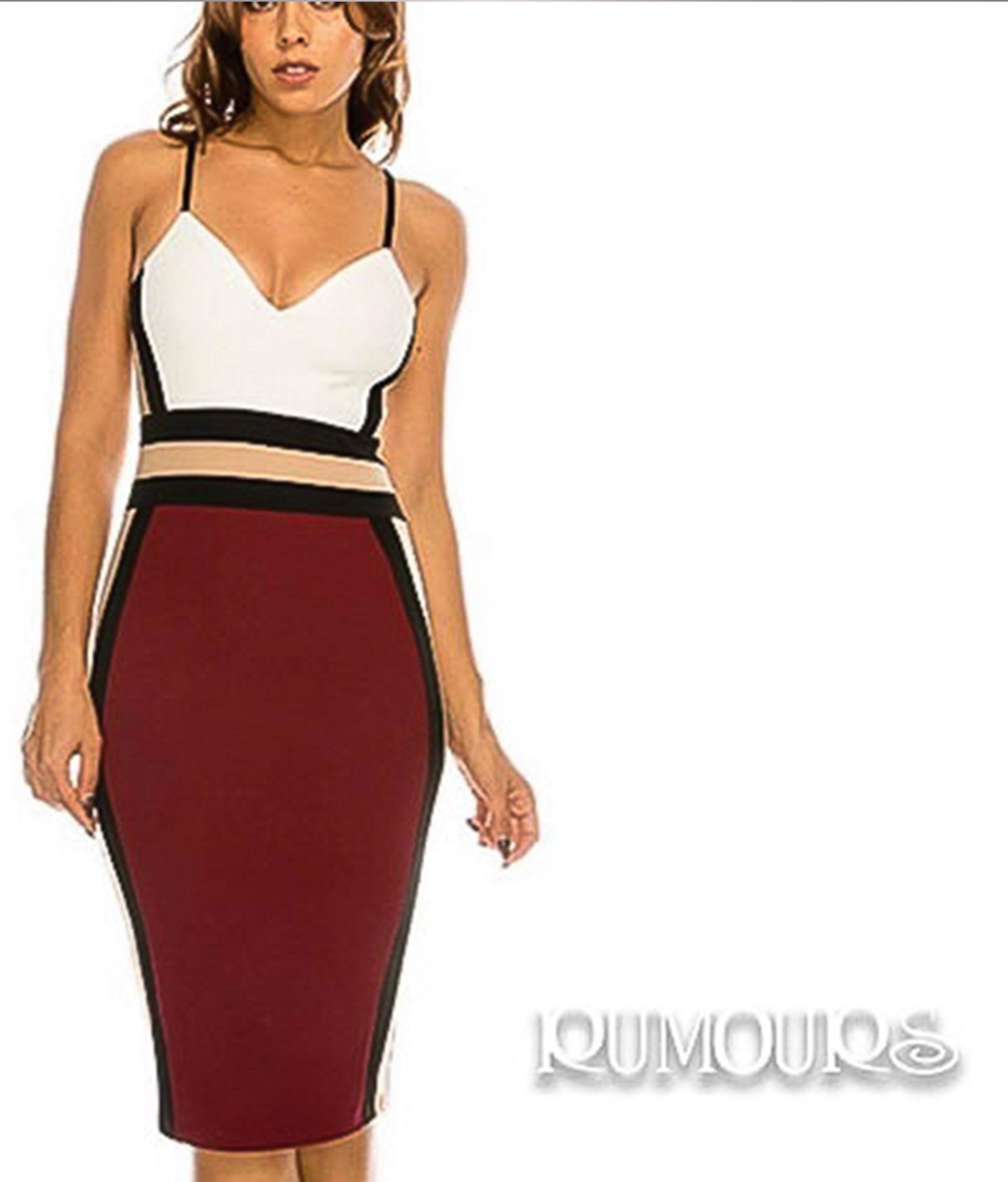 Woman in a white and black bodice dress with a maroon skirt, black side panels.
