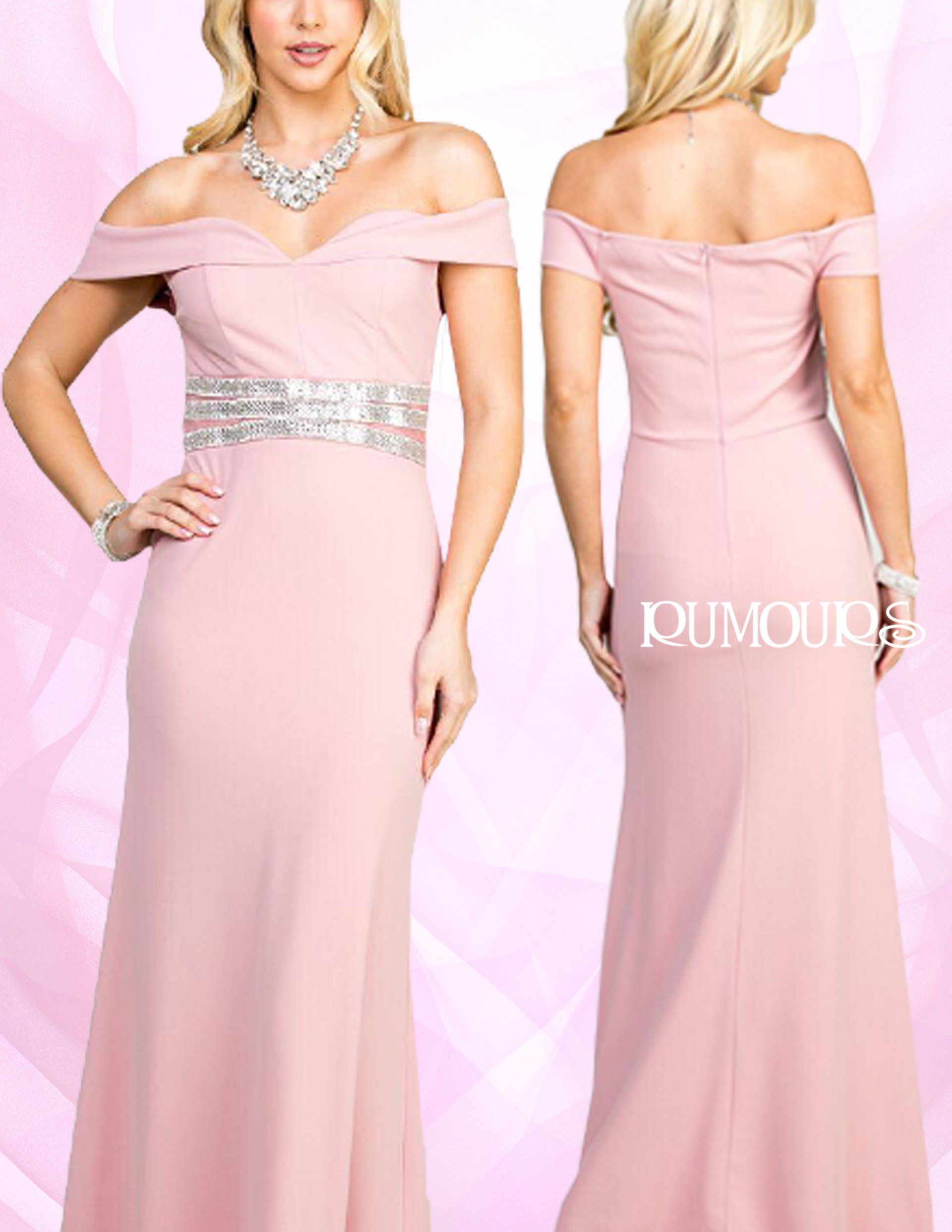 Woman in a pink off-shoulder formal dress with a beaded waist sash.