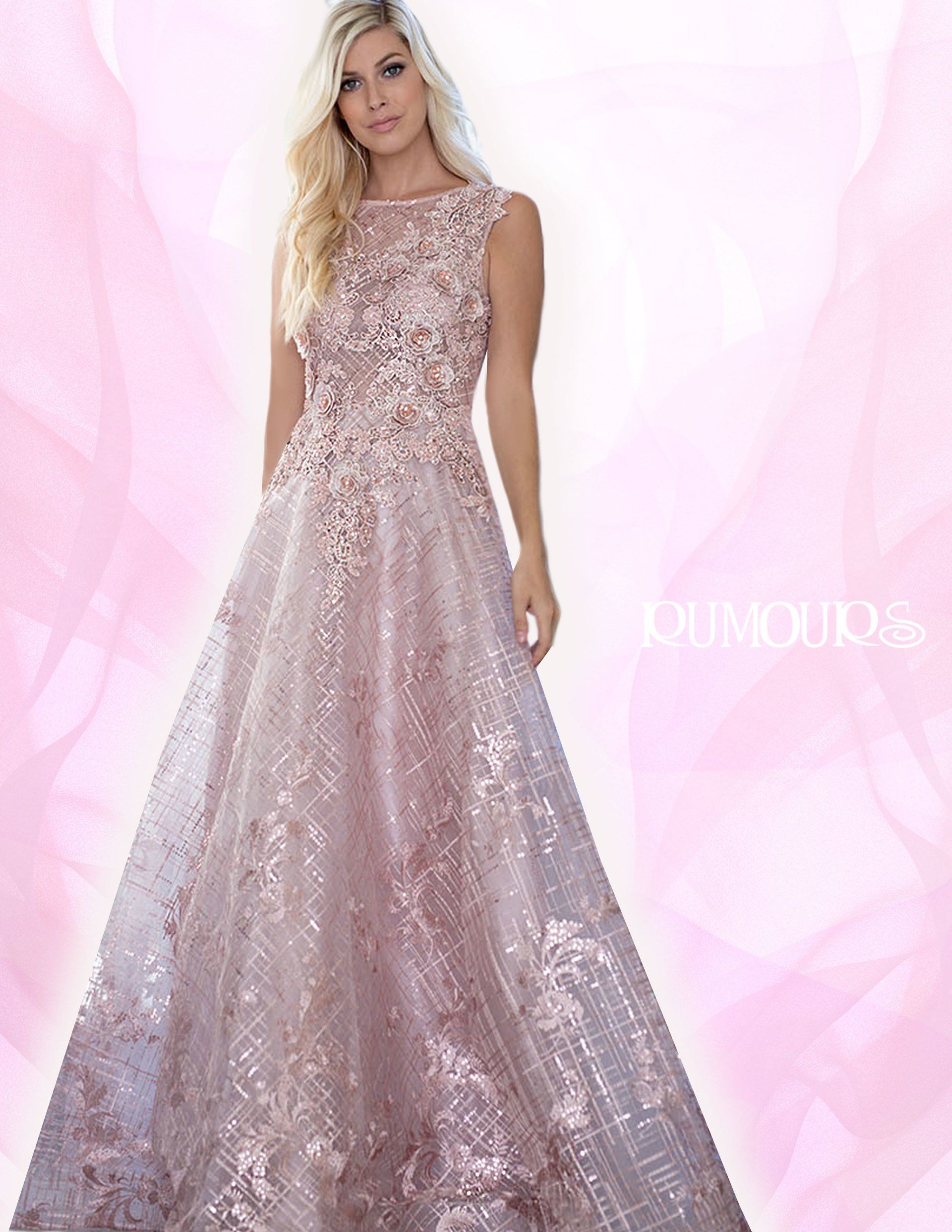 Woman in a sparkly pink gown, standing indoors with a pink, blurred background.