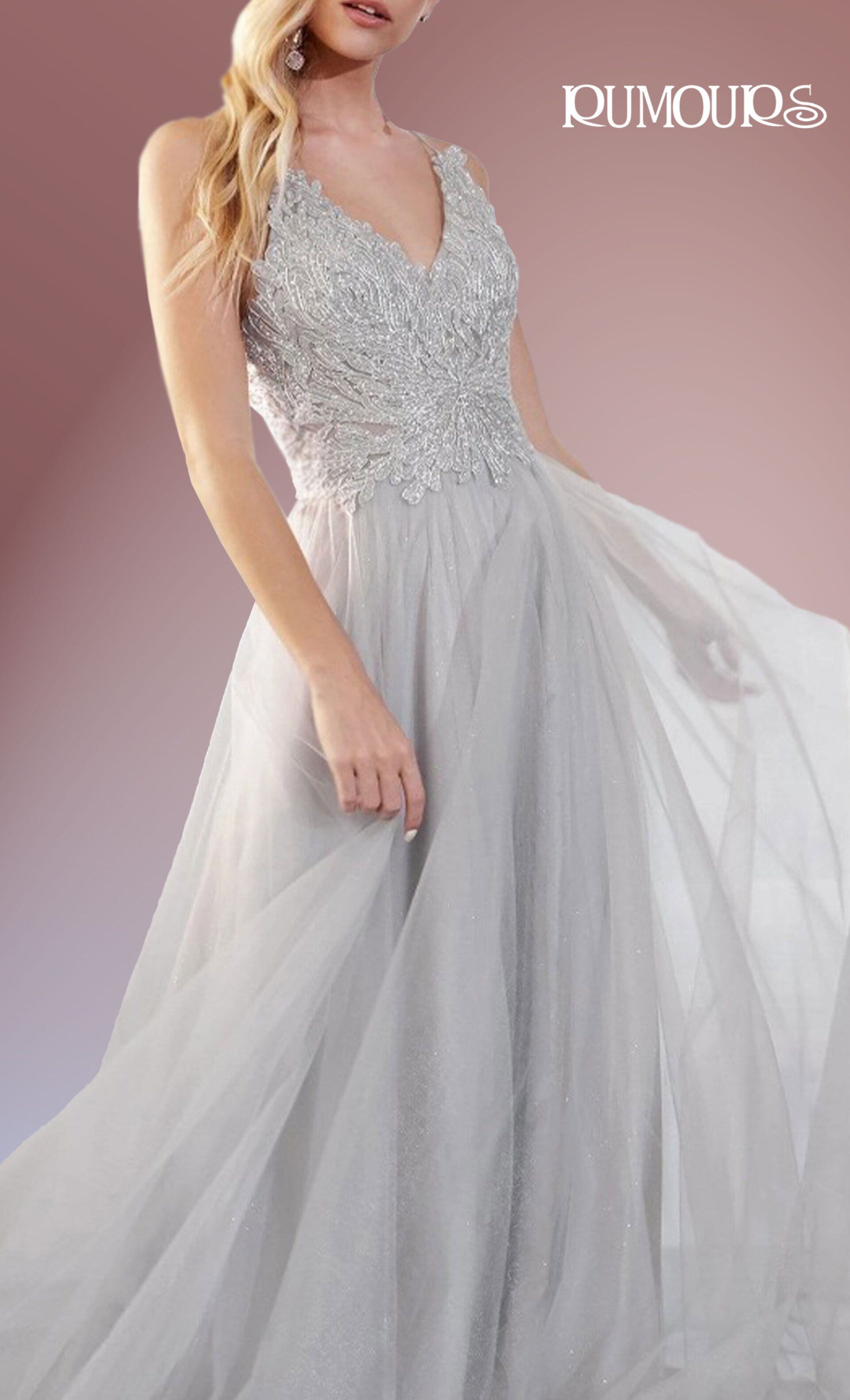 Silver sequin bodice and tulle skirt formal gown.