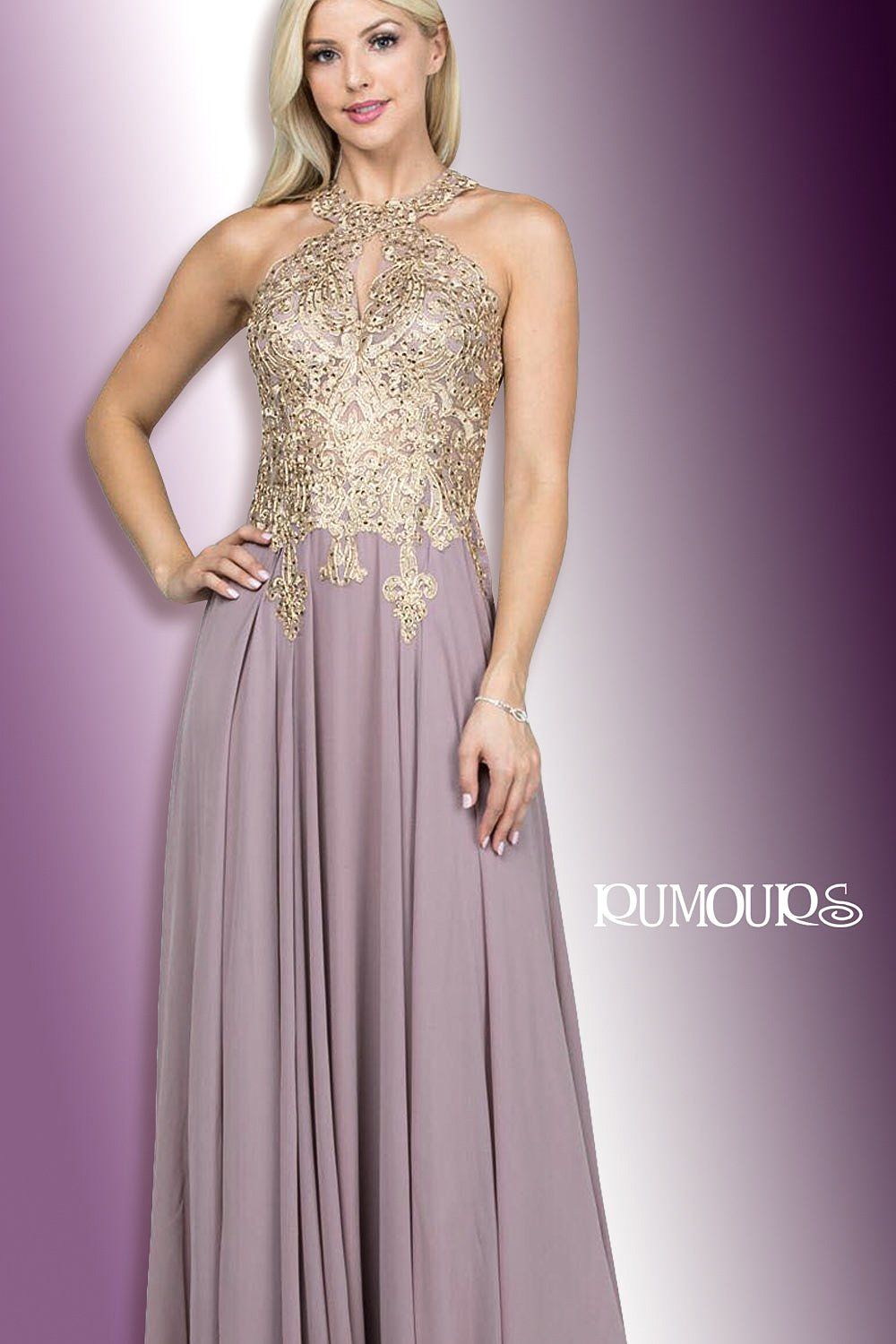 Woman in a mauve and gold formal gown with halter neckline, standing and posing.