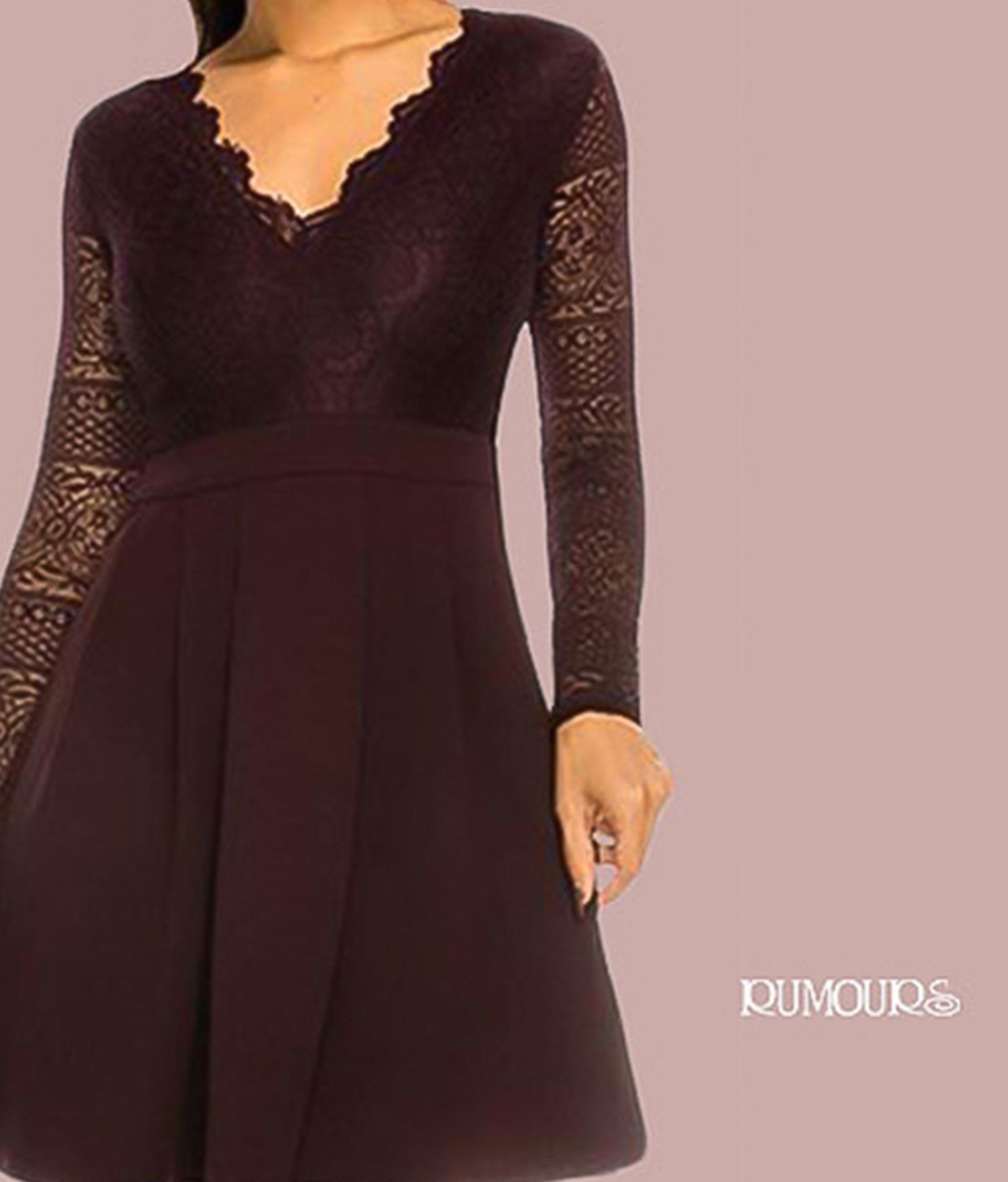 Dark purple dress with lace bodice, long sleeves, and flared skirt.