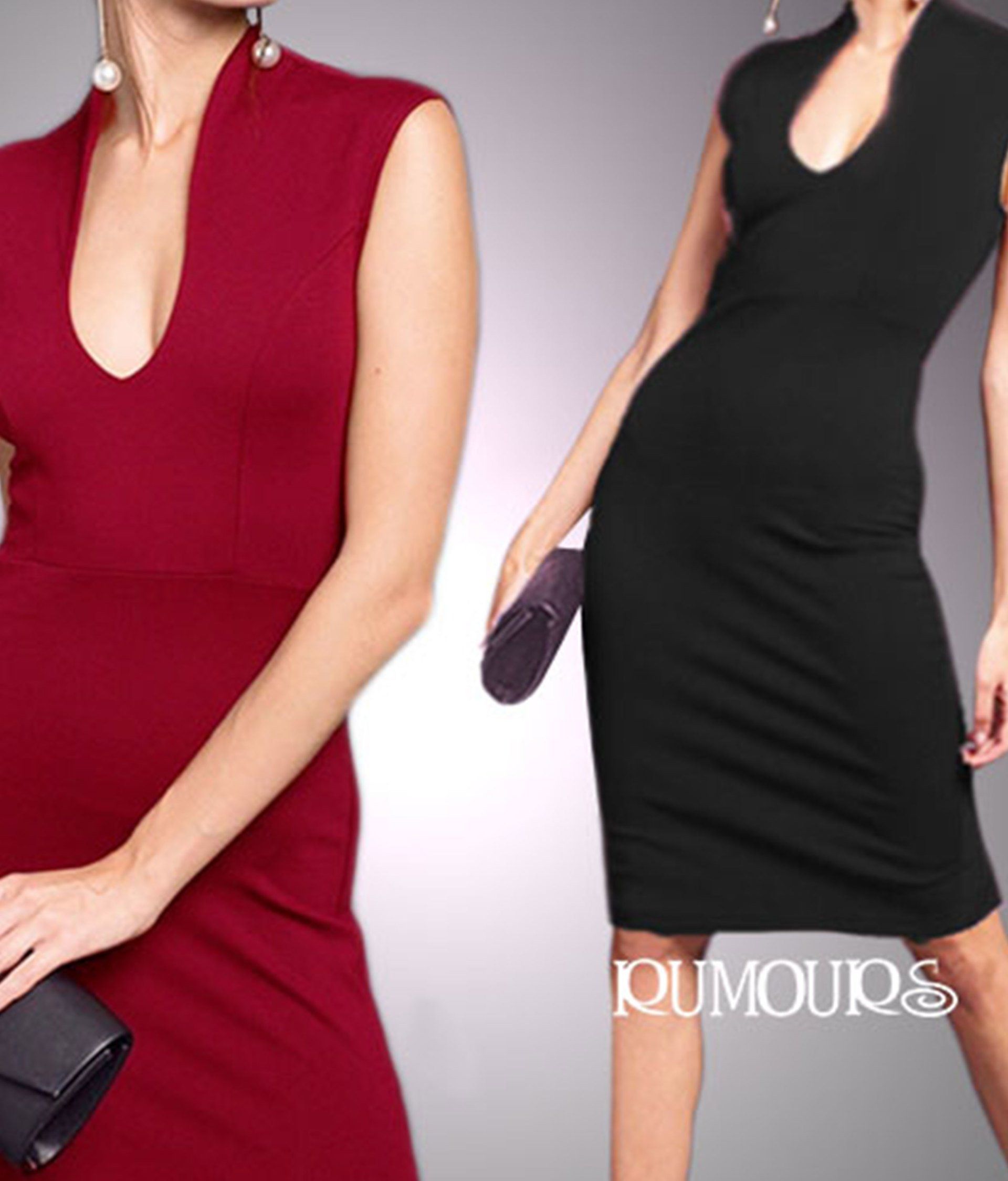 Two sleeveless dresses, one red and one black, on models.