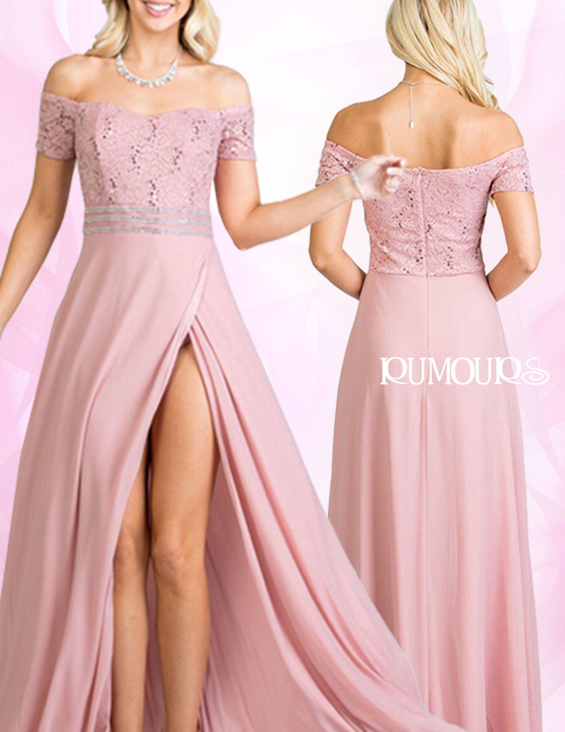 Woman in a dusty rose off-the-shoulder gown, front view with high slit, rear view visible.