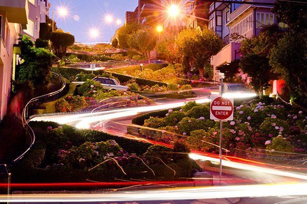Lombard Street at night in San Francisco, CA.