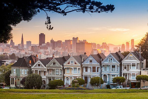 Painted Ladies houses in San Francisco, CA at dawn