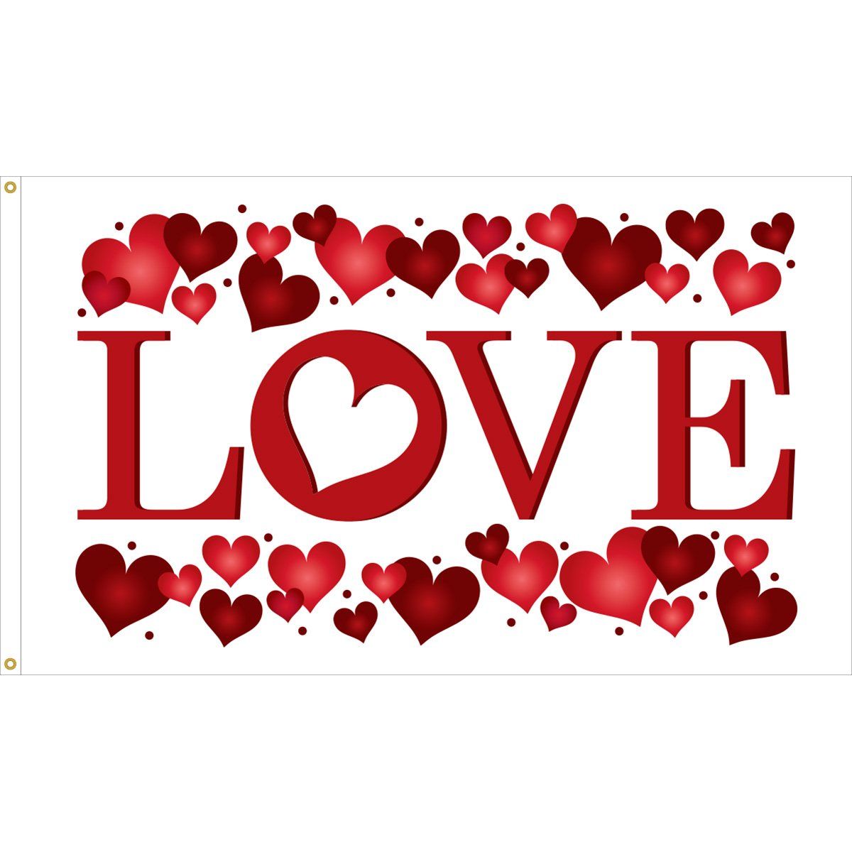 The word love is surrounded by red hearts on a white background