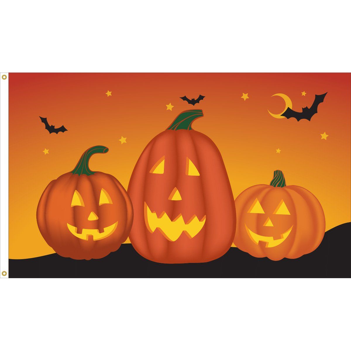 Three pumpkins with faces carved into them are on a halloween flag.