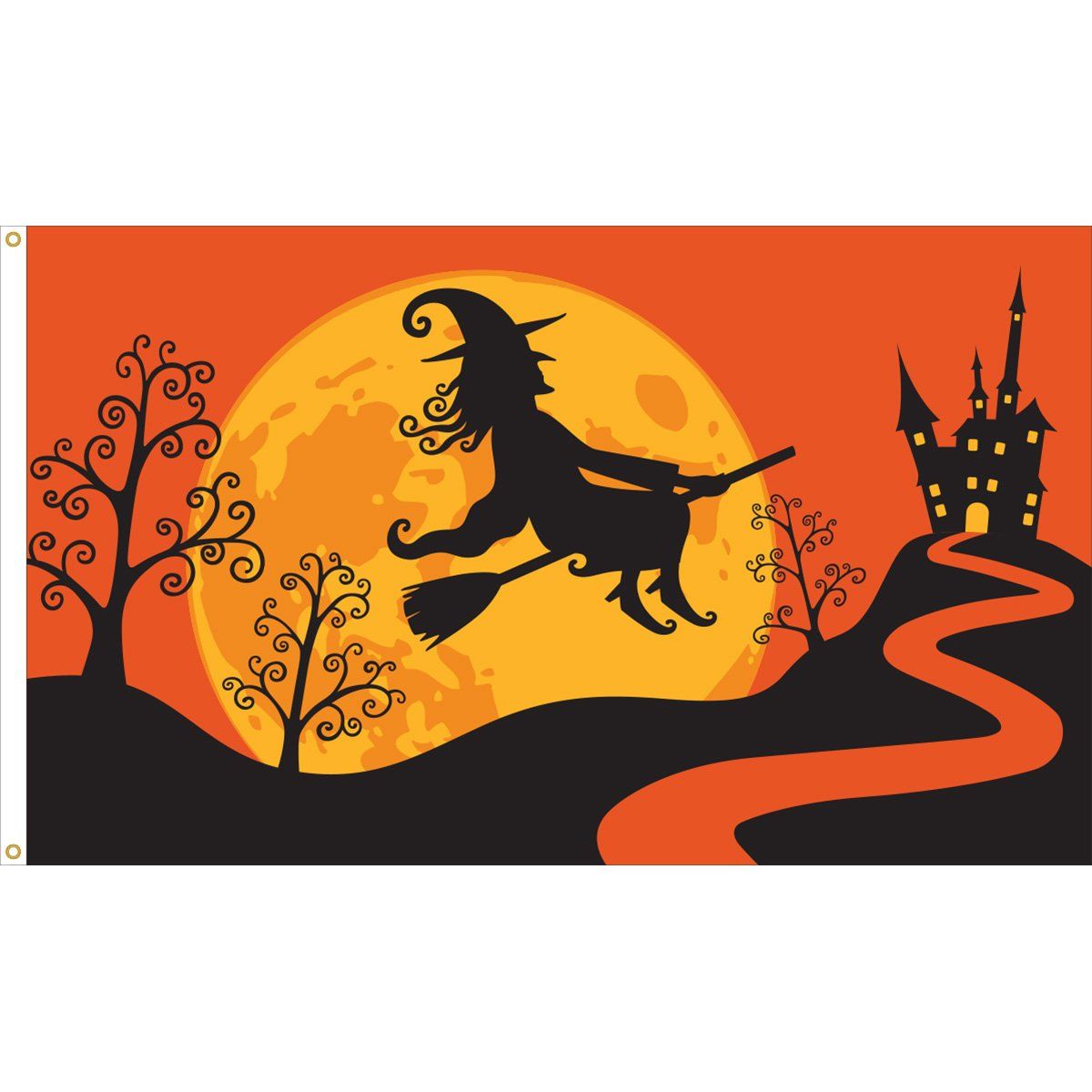 A witch is flying on a broom in front of a full moon.