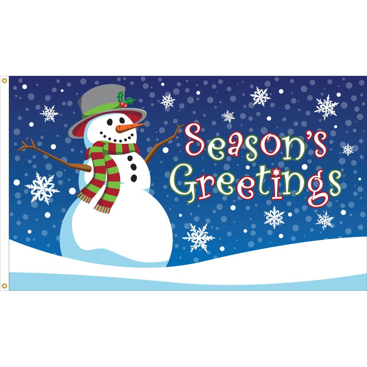 A snowman wearing a hat and scarf is on a banner that says season 's greetings.
