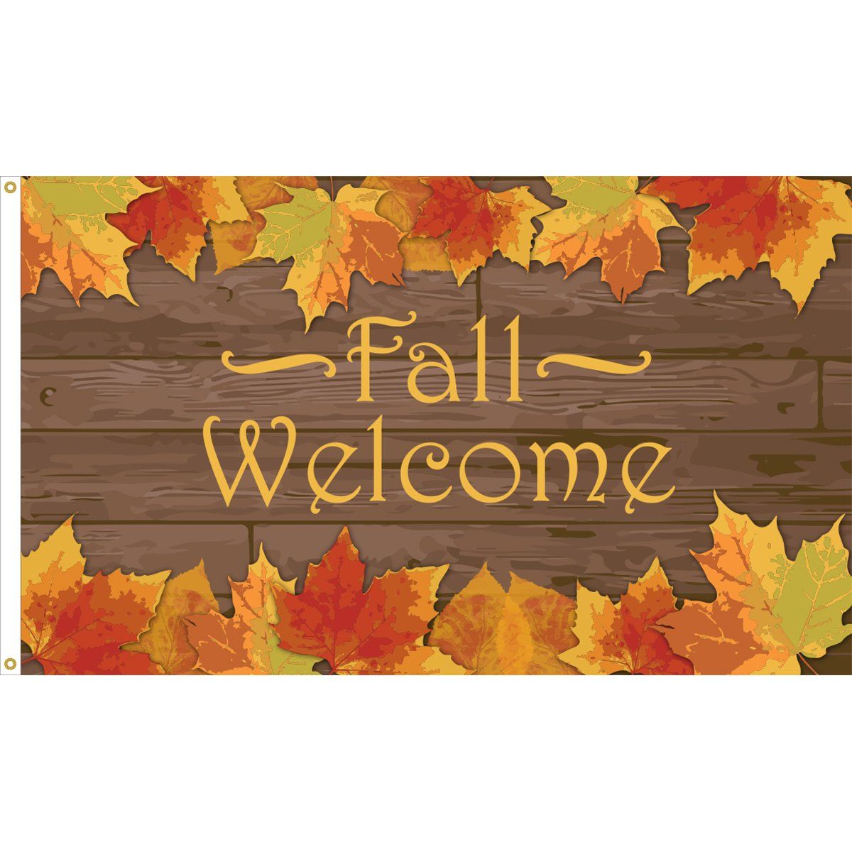 A fall welcome flag with leaves on a wooden background.