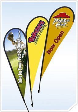 Blade Banners — Woodstock, GA — Flagsource Southeast Inc Three teardrop shaped flags with one that says now open