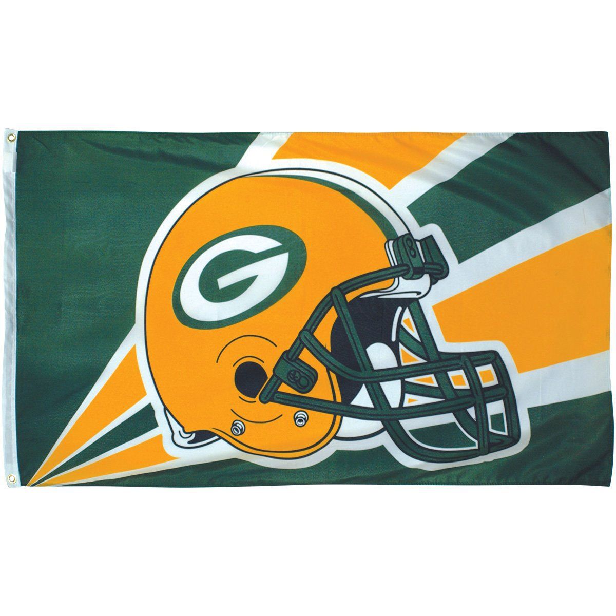 A green bay packers flag with a helmet on it