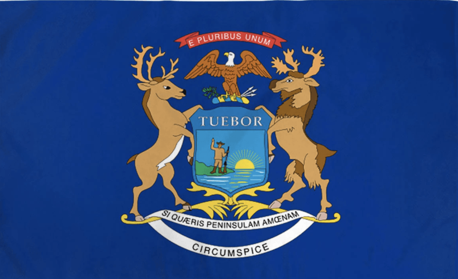 A blue flag with two deer and an eagle on it