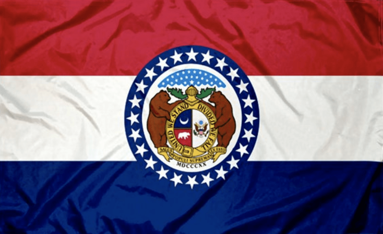 A red white and blue flag with a bear on it