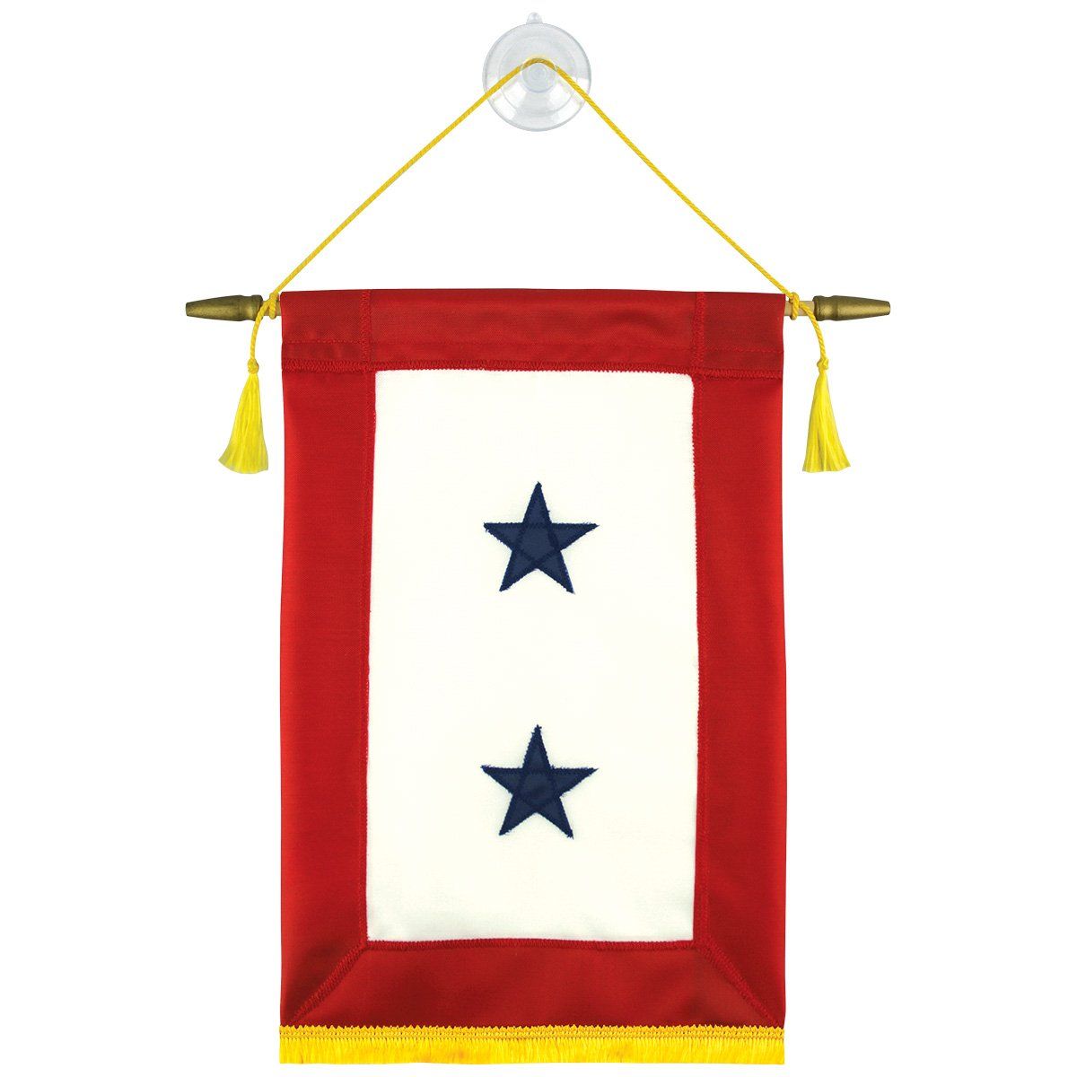 A red and white flag with two blue stars on it