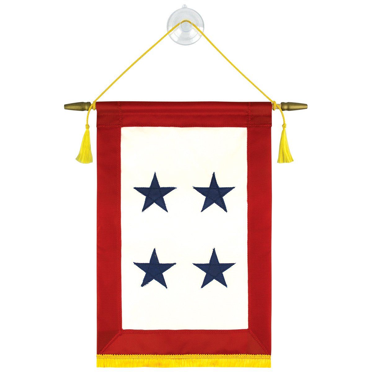 A red and white banner with three blue stars on it