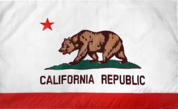 A california republic flag with a bear on it