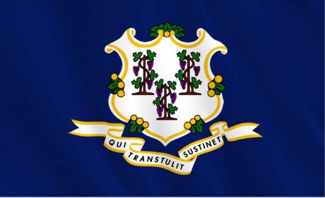 A blue flag with a coat of arms on it