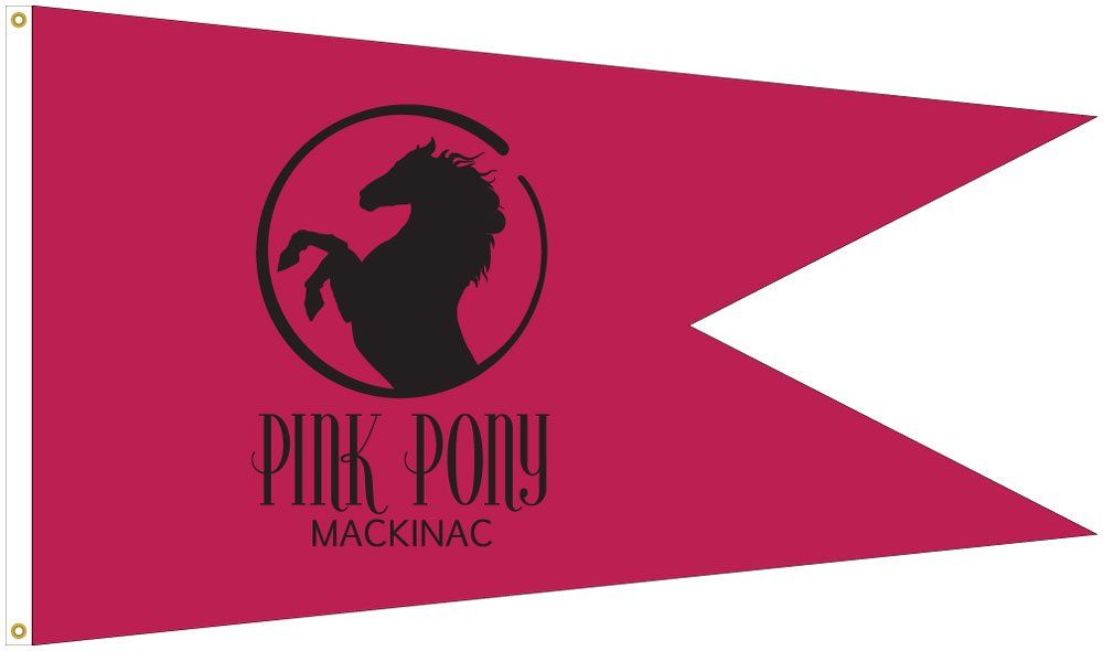 A pink pony mackinac flag with a black horse in a circle