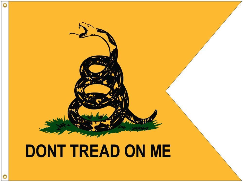 A yellow flag with a snake on it that says dont tread on me
