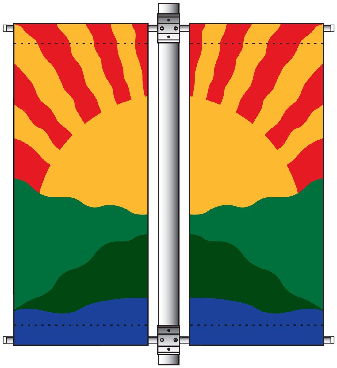 A drawing of a flag with the sun and mountains on it