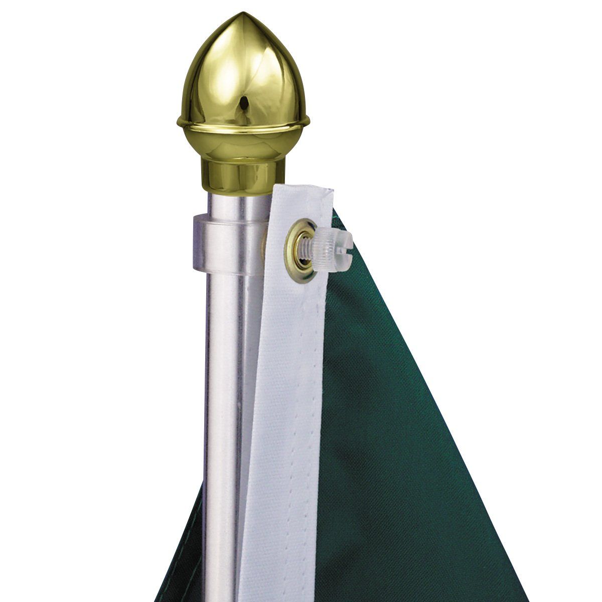 A flag pole with a green flag attached to it
