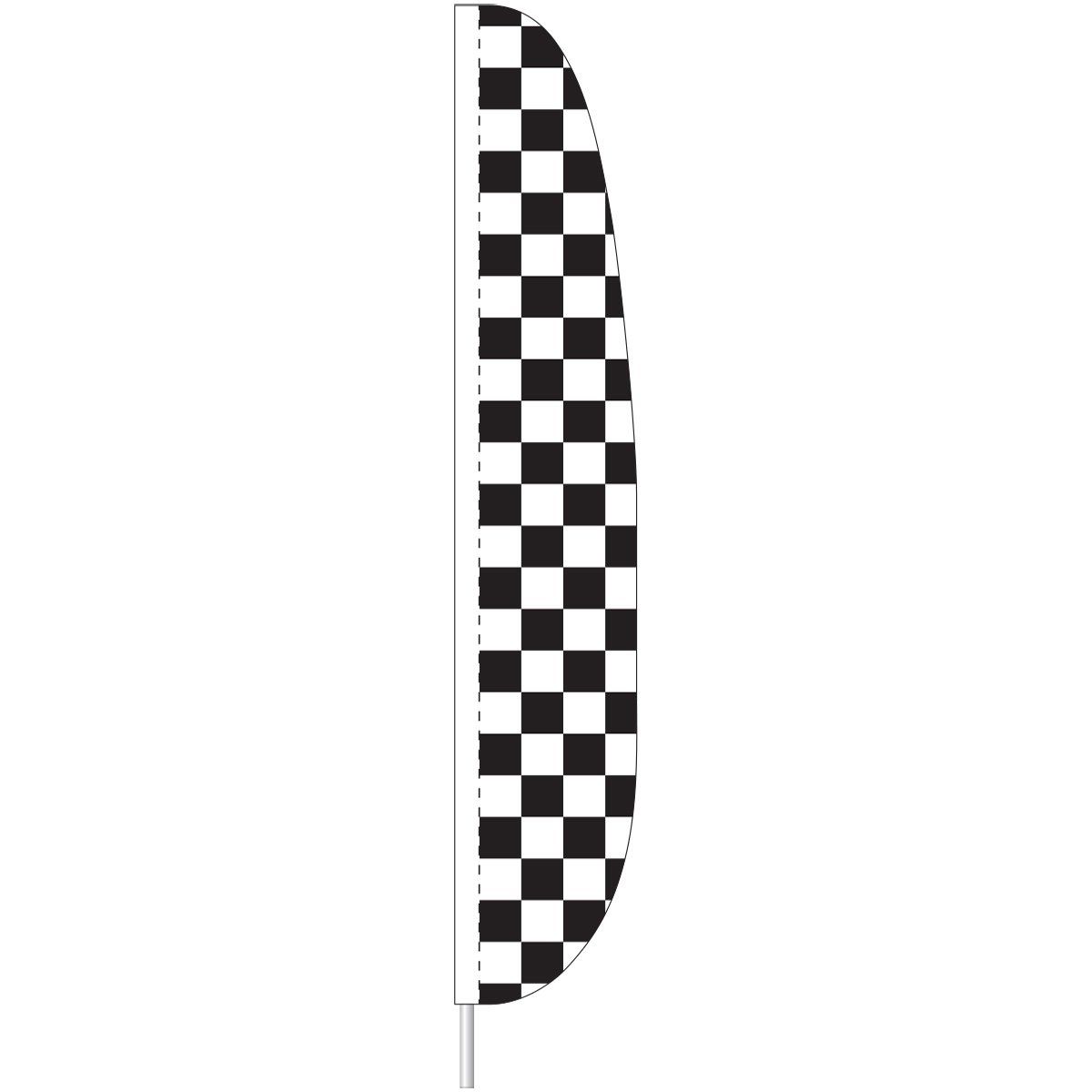A black and white checkered flag on a pole on a white background.