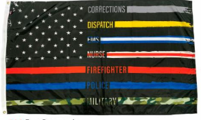 A flag with the words corrections dispatch nurse firefighter police and military on it