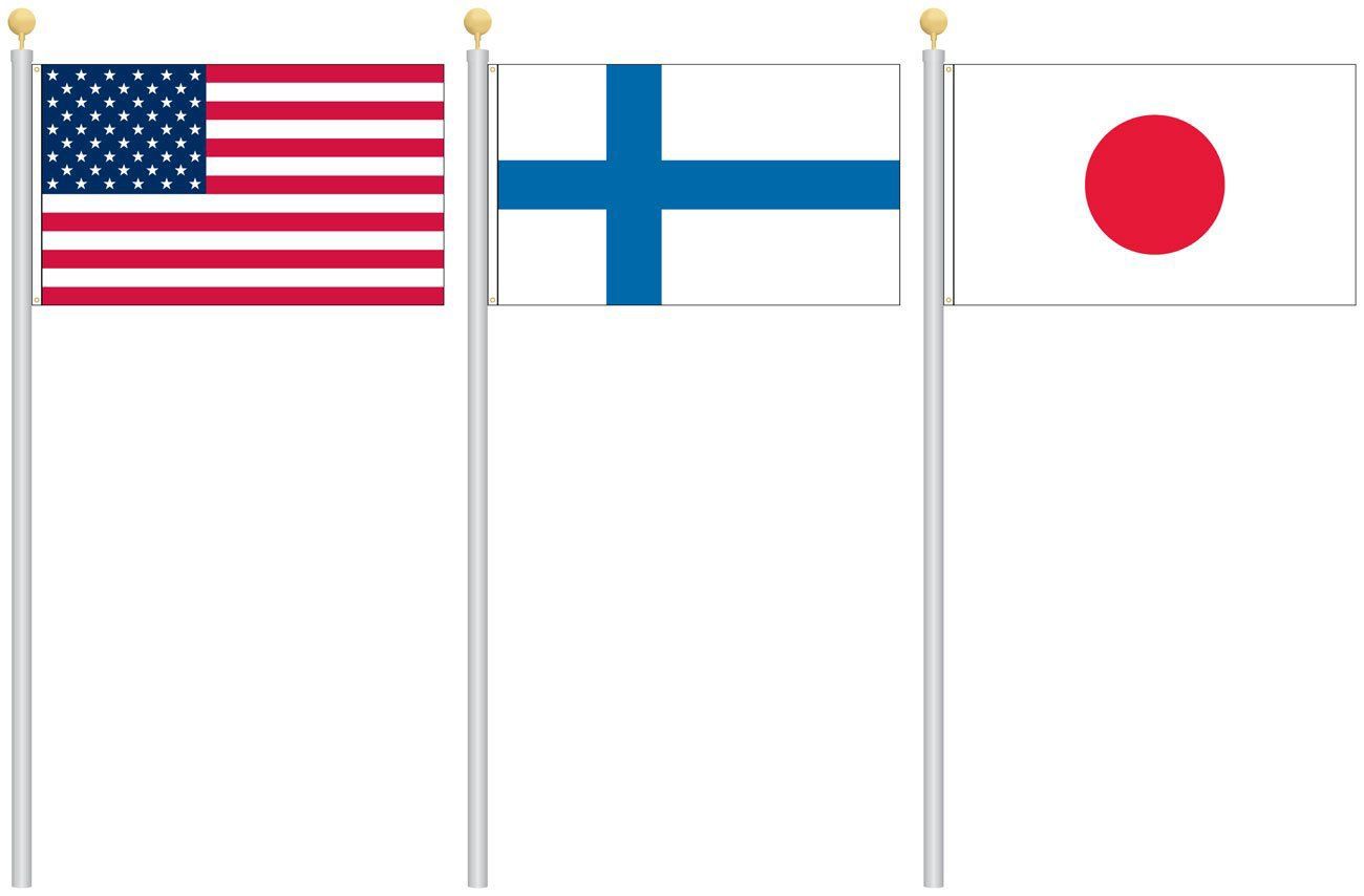 The flags of the united states , finland , and japan are on poles.