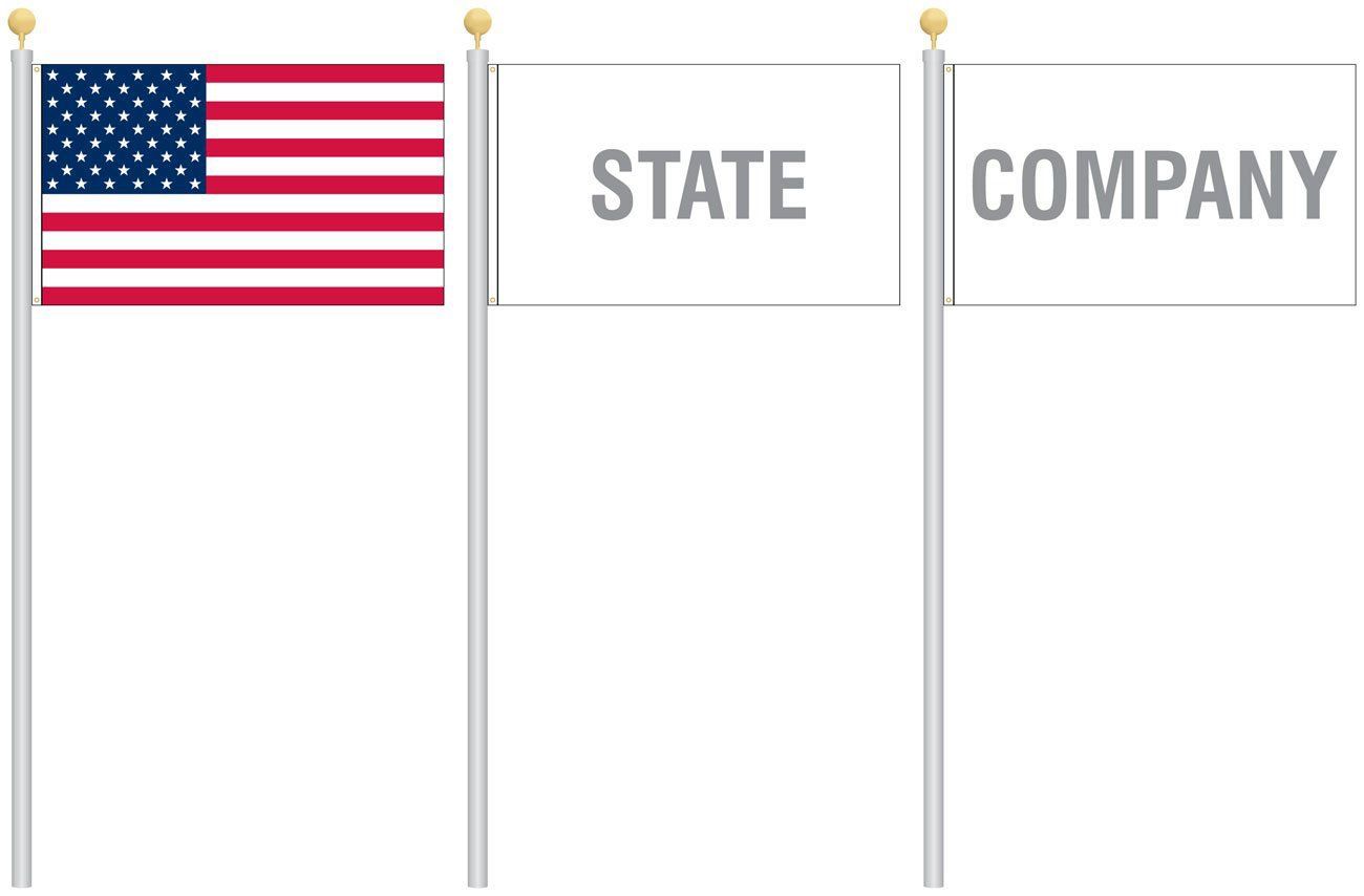 Three american flags on poles with the words state and company on them.