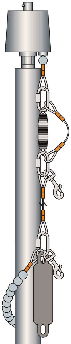 A drawing of a metal pole with chains attached to it.
