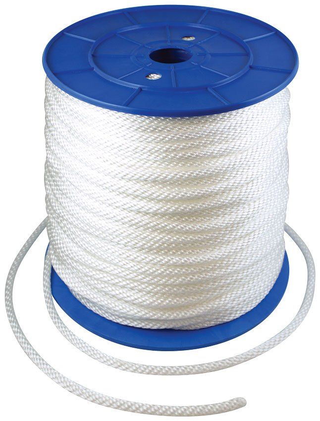 A spool of white rope on a blue tray