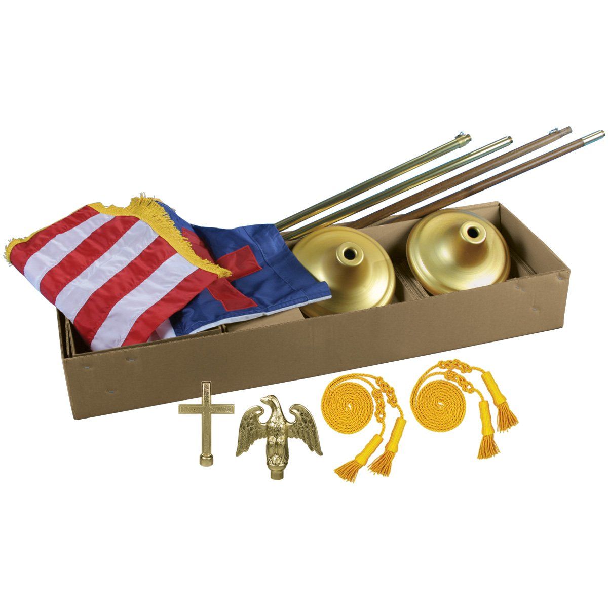A box with a flag and a cross on it